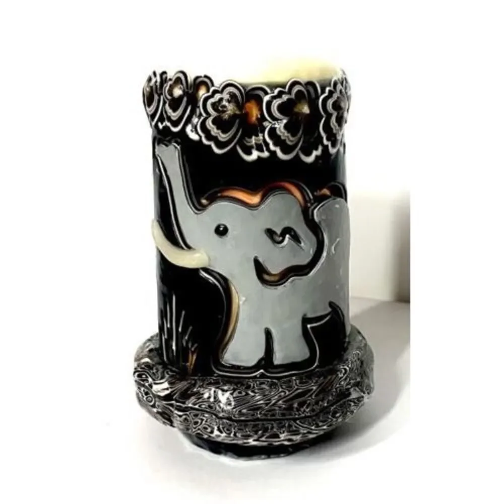 Vintage HOLLAND HOUSE CANDLE Brown & Gold Elephant Handmade Carved 8”